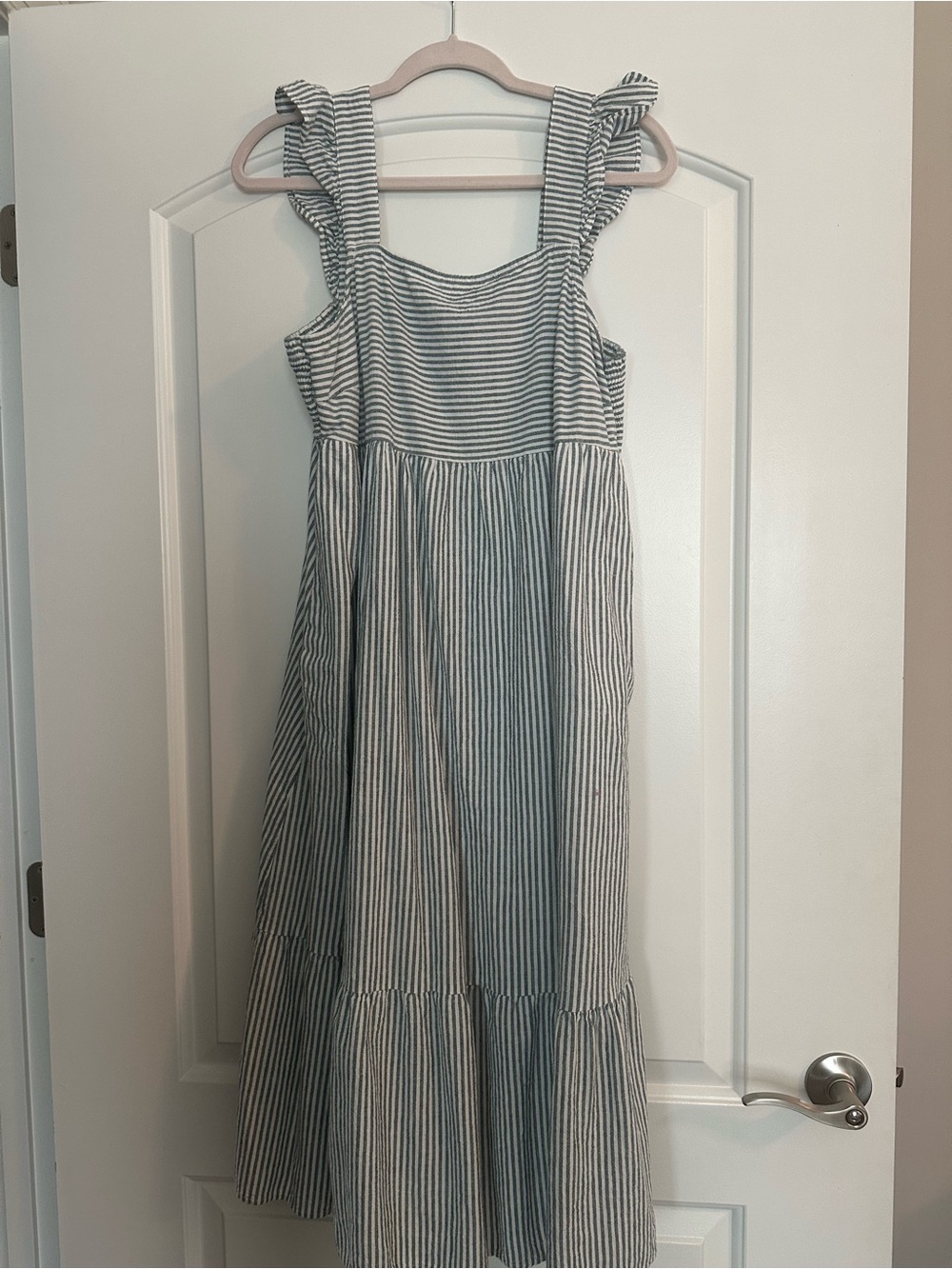 Blue and White Striped Ruffle Strap Dress